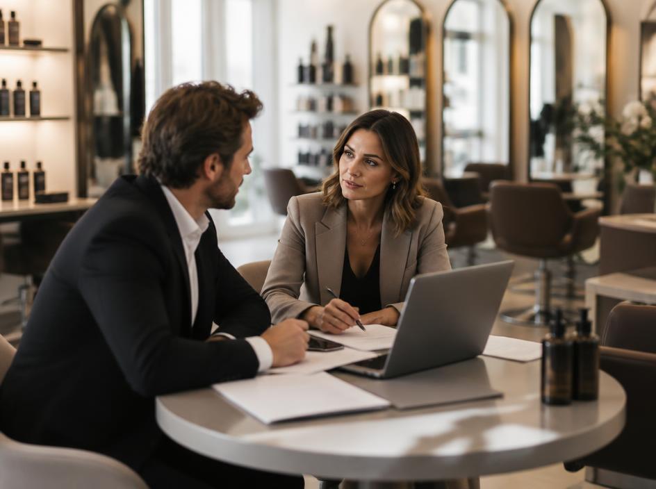 Adviser and prospective buyer meeting inside a salon to qualify a business sale
